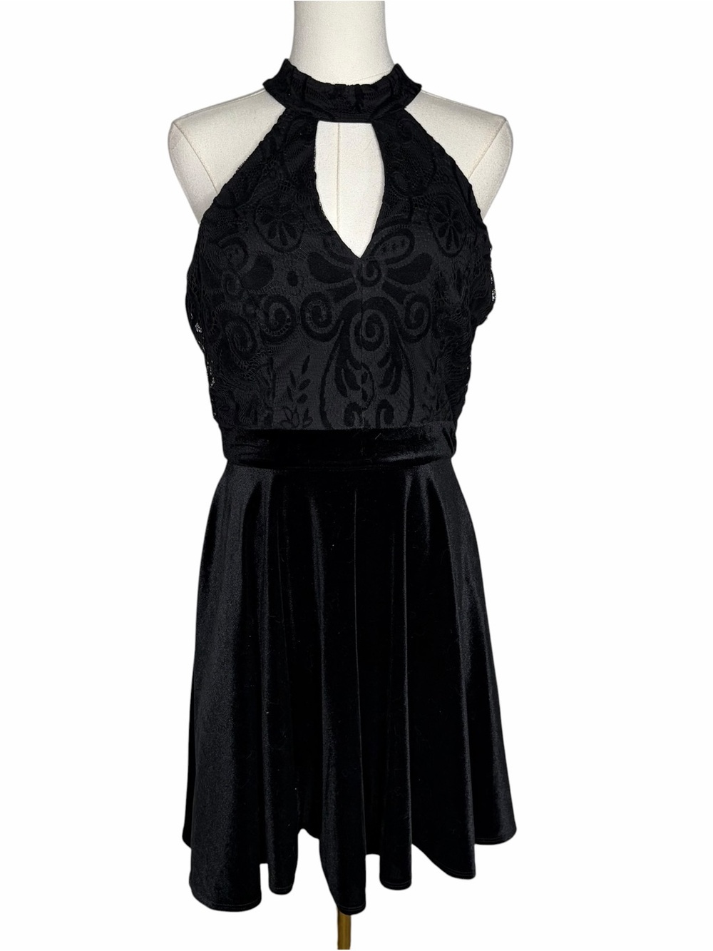 VTG Y2K Black Velvet A Line Mini Dress Halter Style Keyhole Cutout